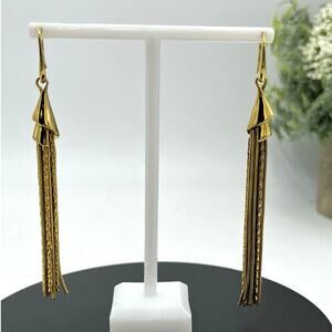 Gold‎ Tone Heavy Runway Tassel Fringe Dangle Earrings 4”